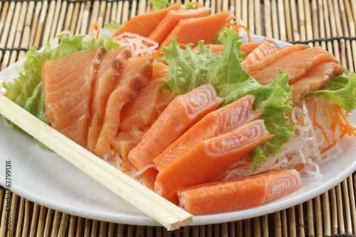 Fresh Salmon seshimi set on the plate