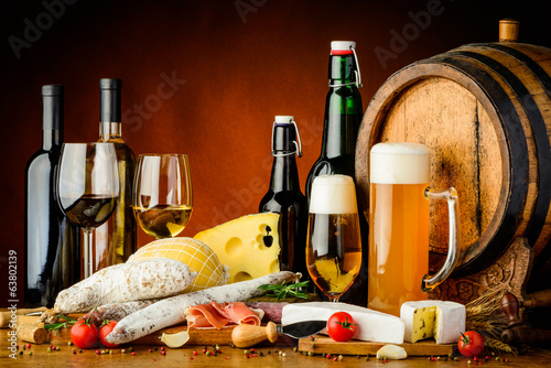 Still life with traditional food, beer and wine