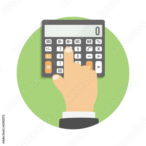Calculator icon. Hand considers on the calculator