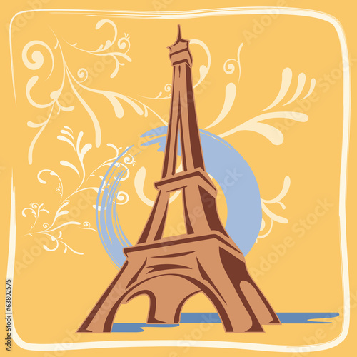 Illustration 4 Dessins à la Main Tour Eiffel Paris avec Décor Feuillage sur Fond Doré - Architecture Moderne