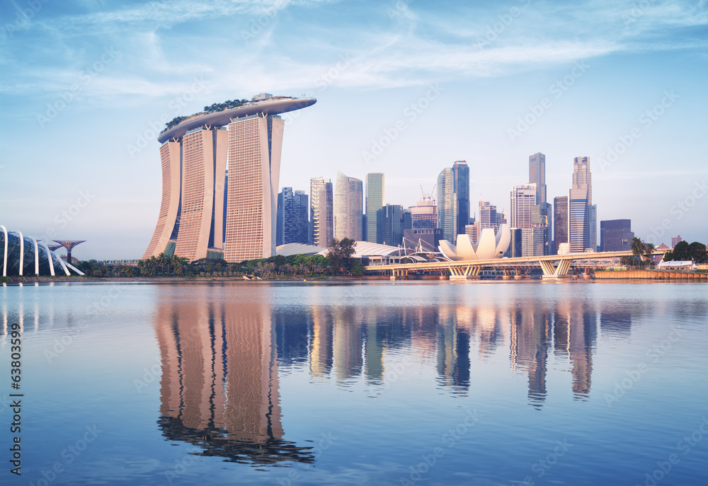 Naklejka premium Singapur panoramę o wschodzie słońca.