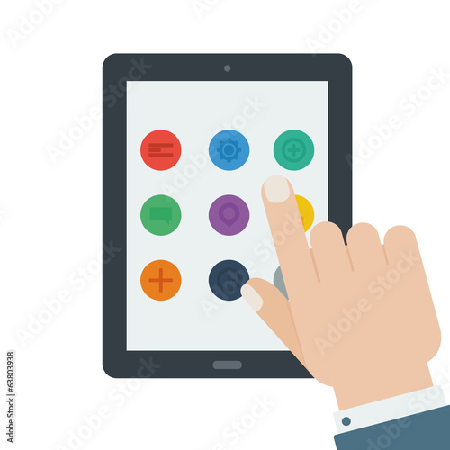 flat tablet app device hand touch screen isolated