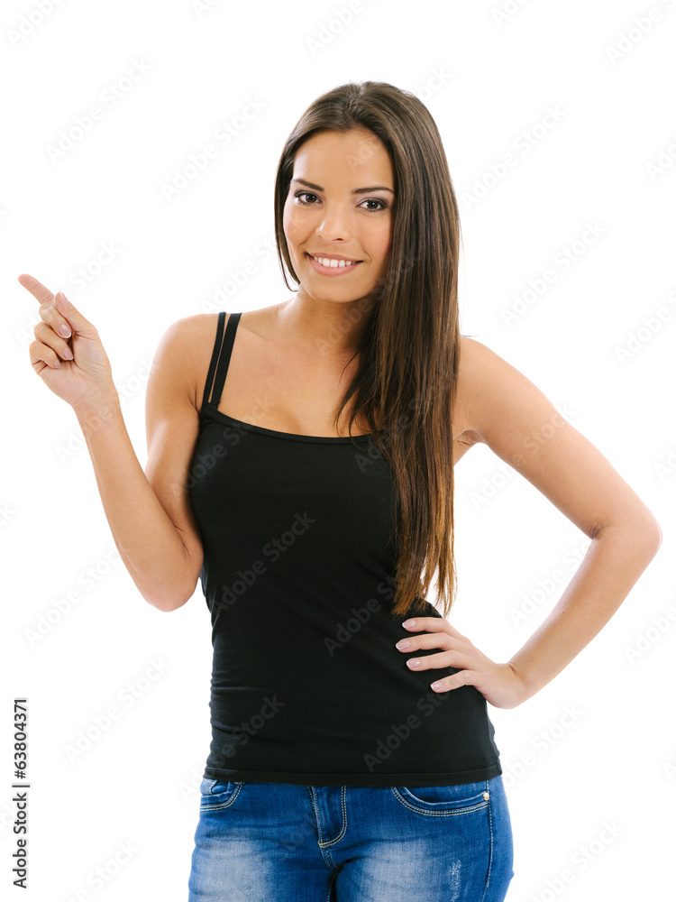 Smiling woman pointing Smiling woman pointing