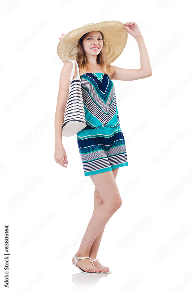 Pretty woman with summer handbag and panama isolated on white Pretty woman with summer handbag and panama isolated on white