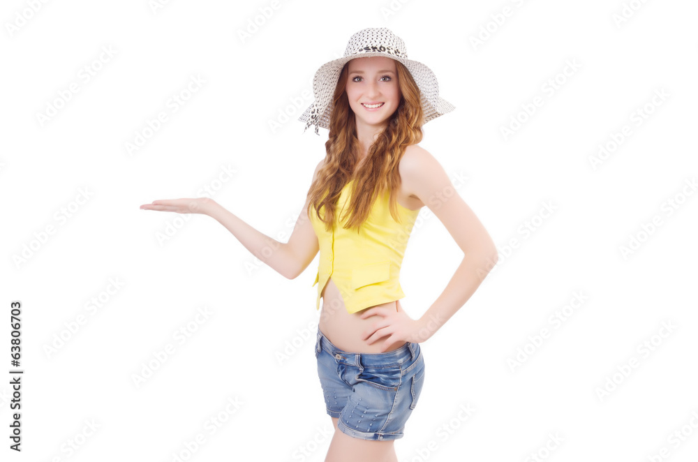 Young girl in fashion concepts holding hands isolated on white Young girl in fashion concepts holding hands isolated on white