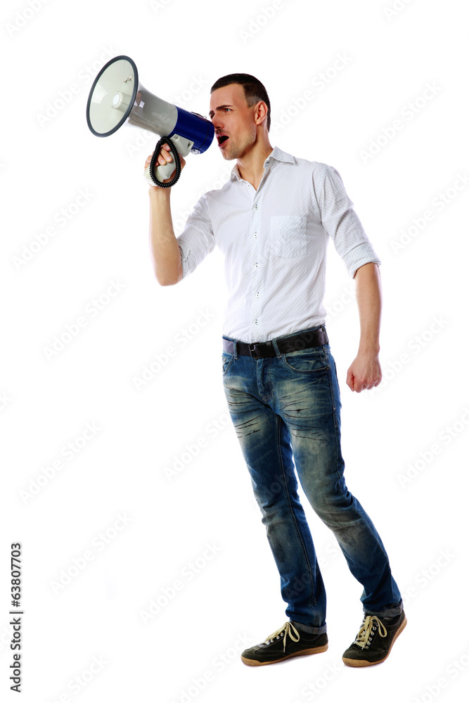Man shouting through megaphone over white background Man shouting through megaphone over white background