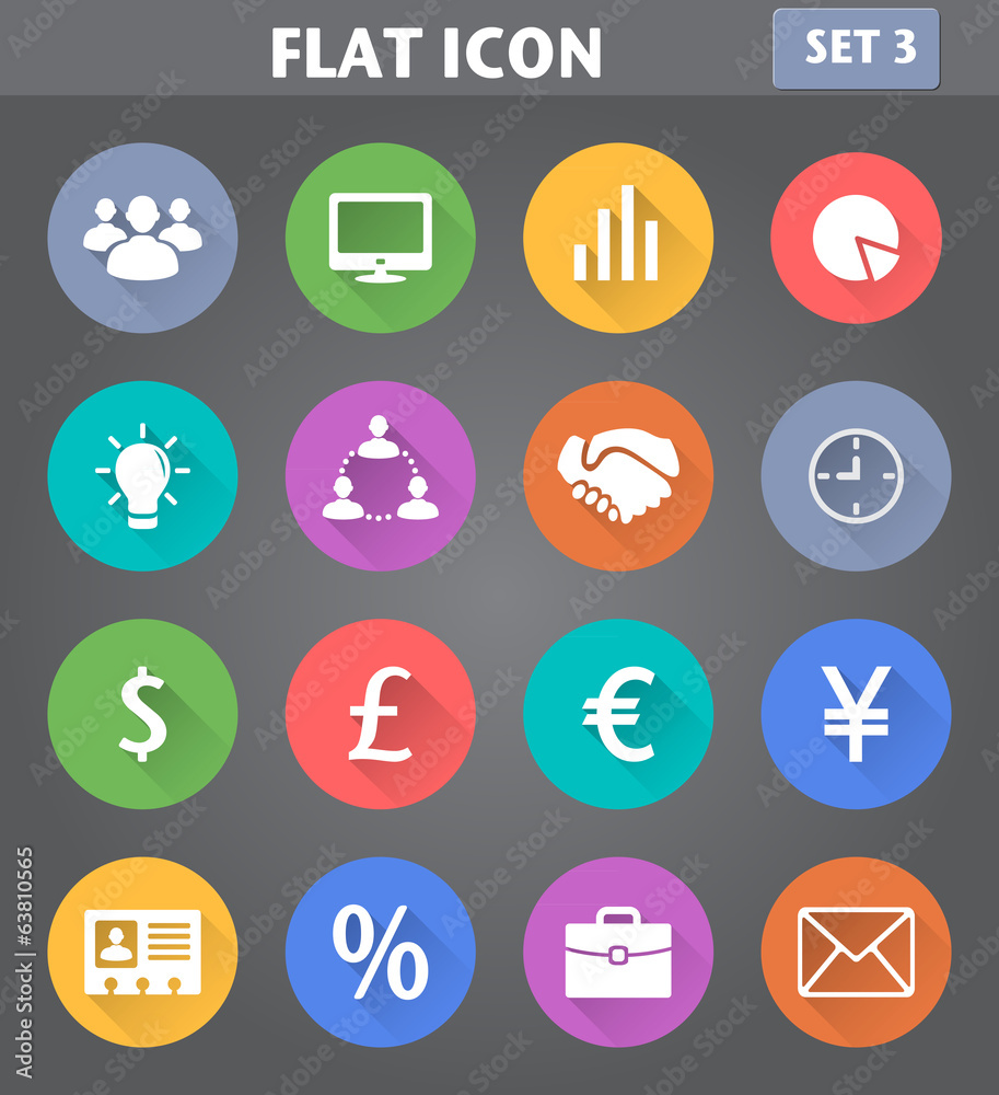 Business Icons set in flat style with long shadows.