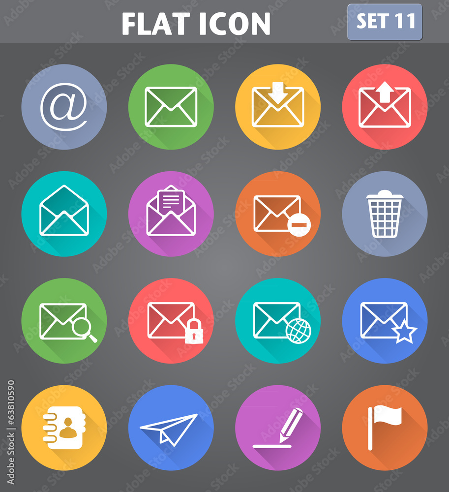 Envelope, E-mail Icons set in flat style with long shadows. Envelope, E-mail Icons set in flat style with long shadows.