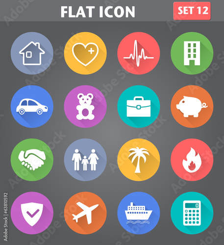 Insurance Icons set in flat style with long shadows.