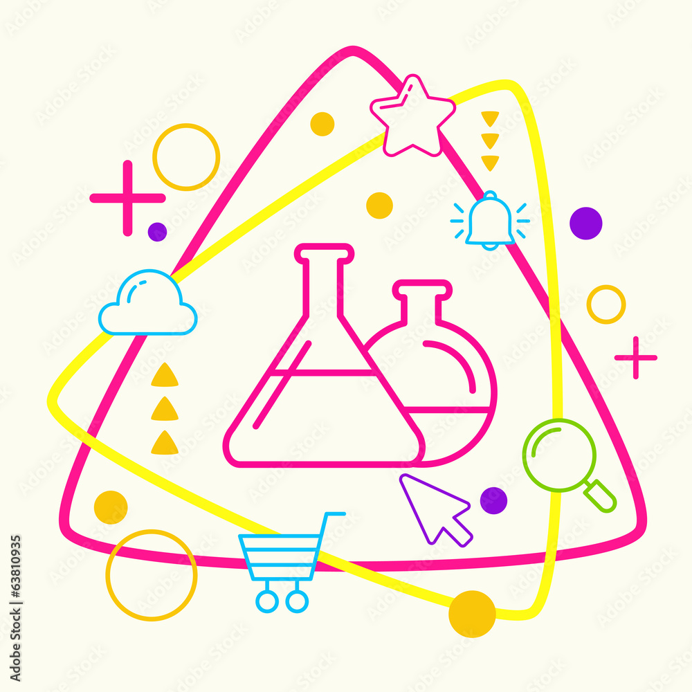 Glass flask on abstract colorful geometric light background with Glass flask on abstract colorful geometric light background with