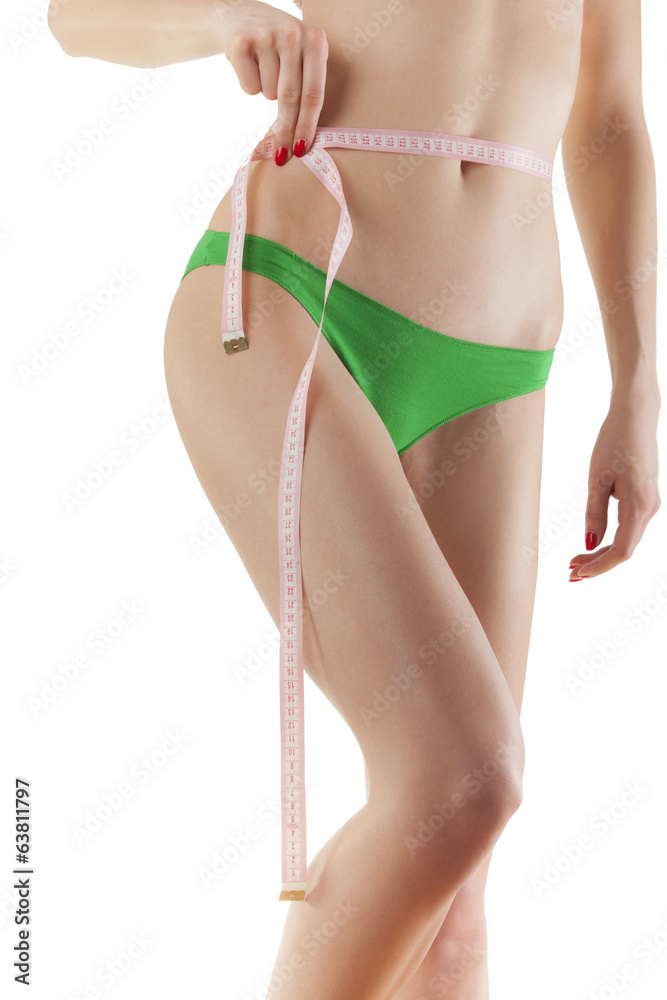 Female body with the drawing arrows on it isolated on white. Fat