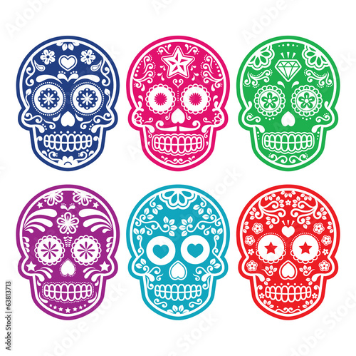 Mexican sugar skull, Dia de los Muertos colorful icons set