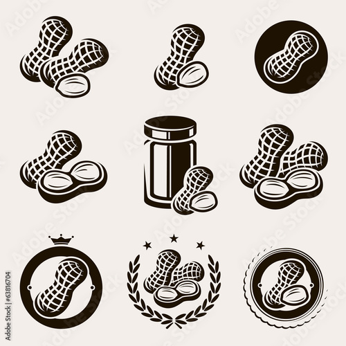 Peanuts label and icons set. Vector
