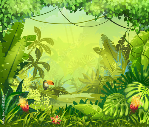 llustration with flowers and jungle toucan