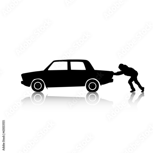 Silhouette of man pushing a car