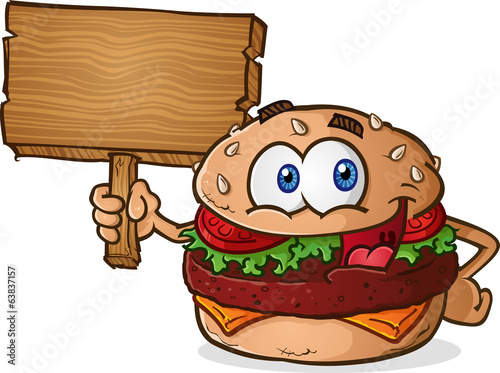 Hamburger Cheeseburger Cartoon Character Holding a Wooden Sign