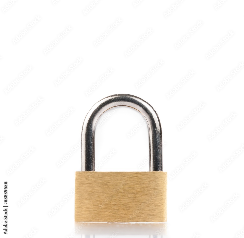 metal padlock with reflection on white table metal padlock with reflection on white table