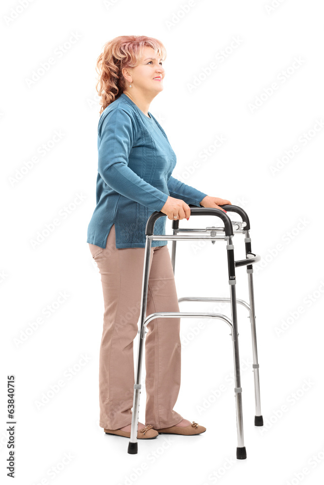 Mature woman with walker looking up Mature woman with walker looking up