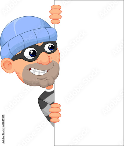 Cartoon thief looking around the edge of a blank sign