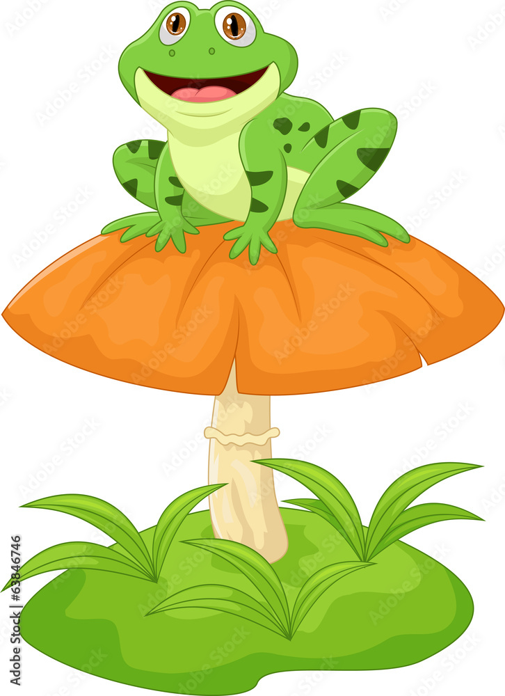 Fototapeta premium Funny frog sitting on mushroom