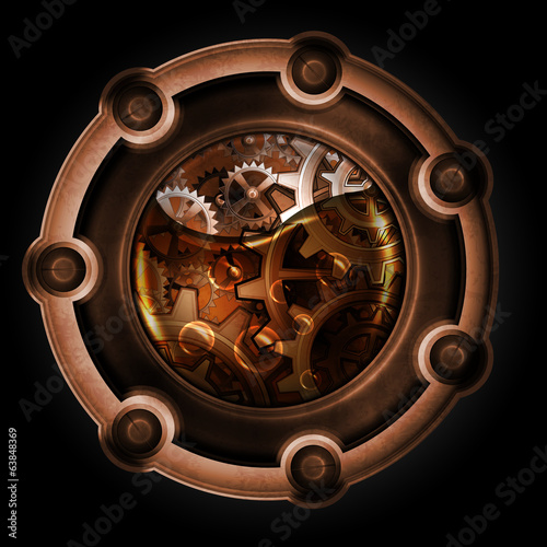 Steampunk abstract mechanism. Gears in machine oil.