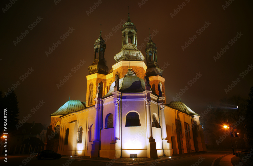 Cathedral Cathedral Island in Poznan misty evening .