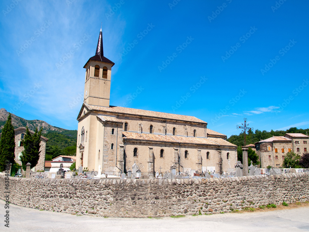 Old church with a cemetery in Jaujac, Ardeche, France