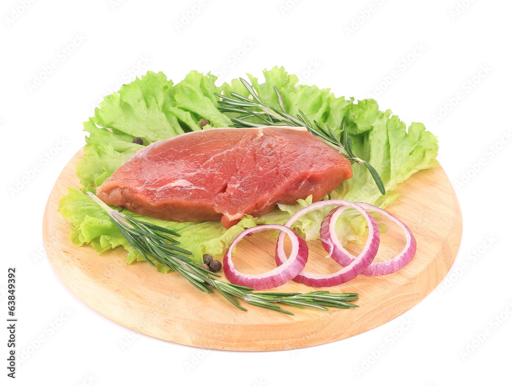 Raw beef steak on platter.