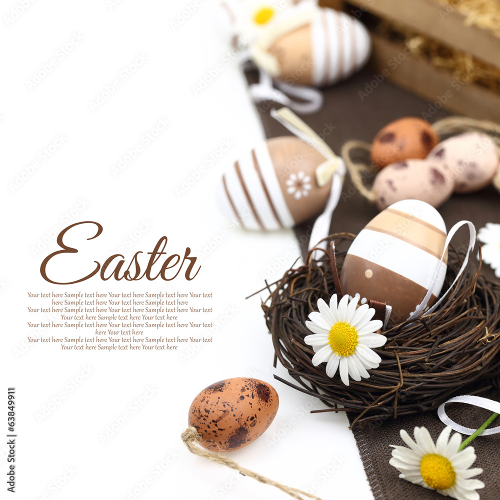 Easter decoration with brown eggs - obrazy, fototapety, plakaty 