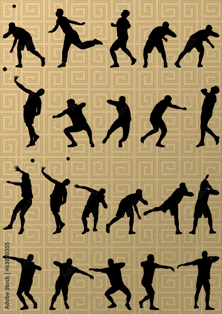Male sport athletics. ball throwing silhouettes collection. abst Male sport athletics. ball throwing silhouettes collection. abst