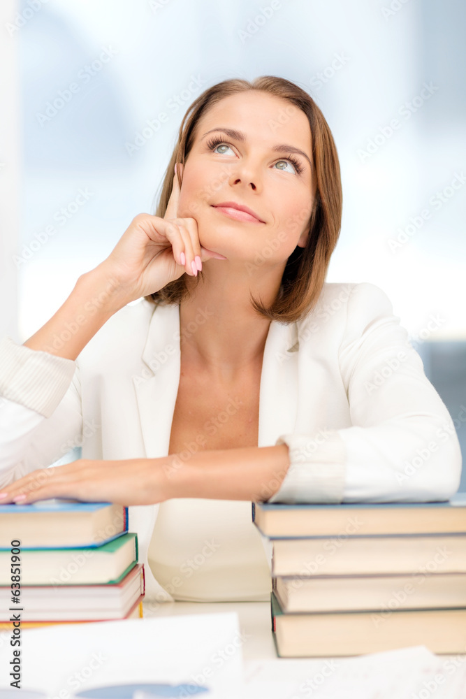 dreaming young businesswoman with many books dreaming young businesswoman with many books