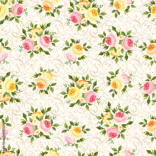 Seamless pattern with pink, orange and yellow roses. Vector.