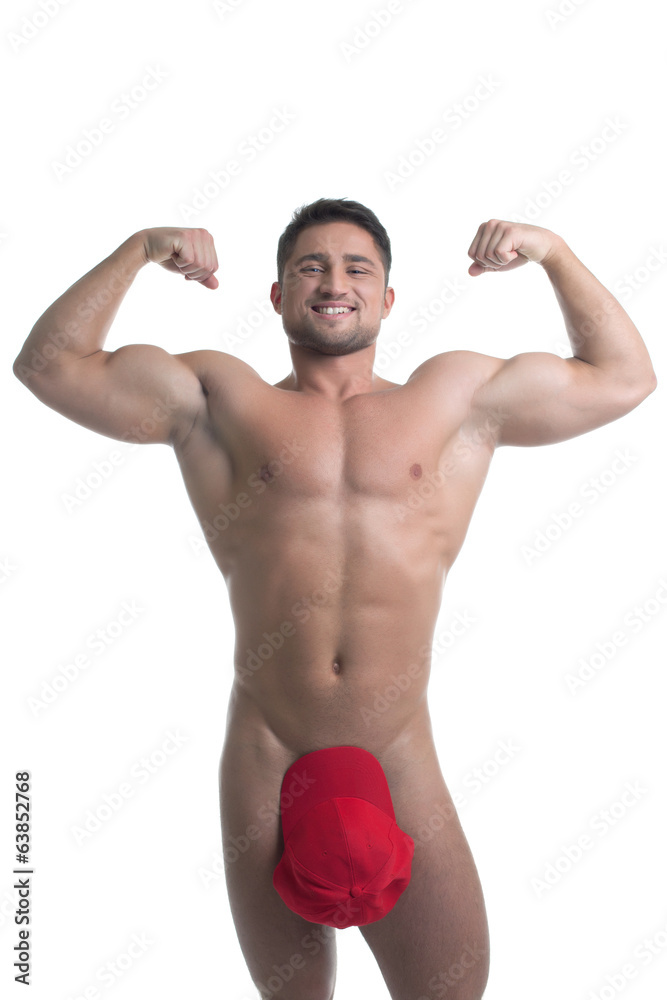 Smiling young naked man posing biceps straining Smiling young naked man posing biceps straining