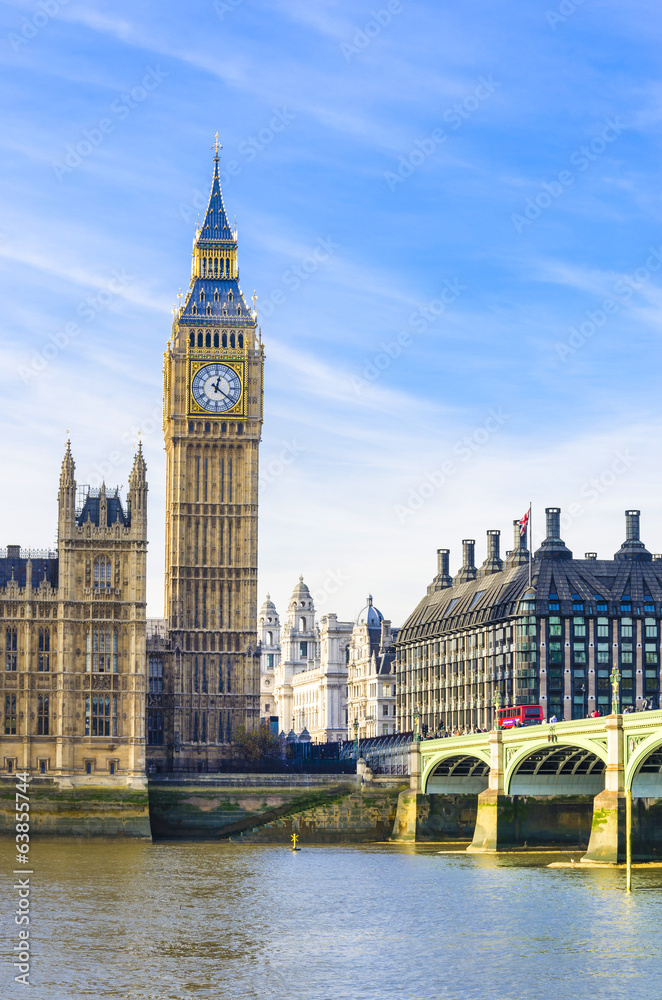 Fototapeta premium Big Ben and Westminster Bridge, river Thames London, UK