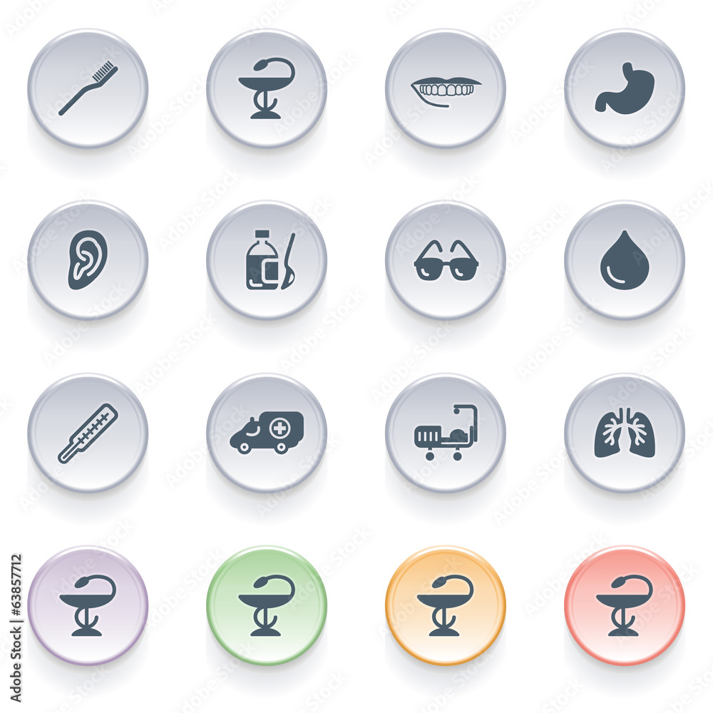Medical icons on color buttons. Medical icons on color buttons.