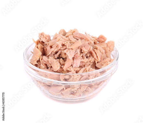 Canned tuna in glass bowl.