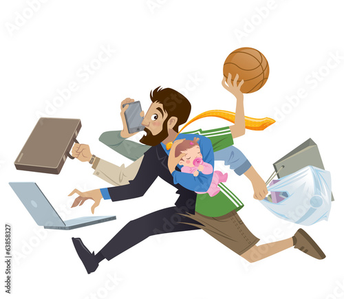 Cartoon super busy man and father multitask doing many works