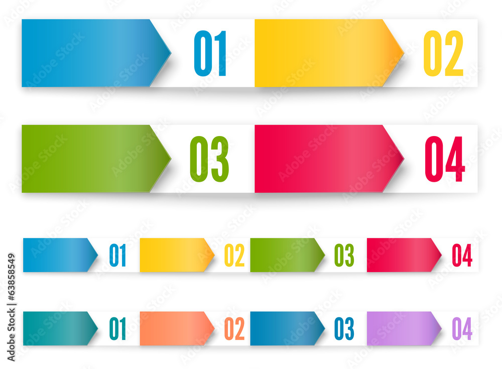 Folded cardboard labels with arrows and figures from one to four Folded cardboard labels with arrows and figures from one to four