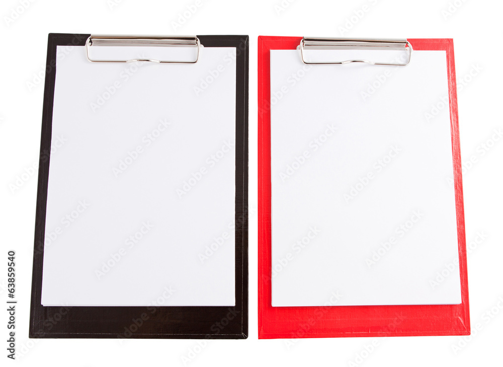 Red and black plastic clipboard with blank paper sheet Red and black plastic clipboard with blank paper sheet
