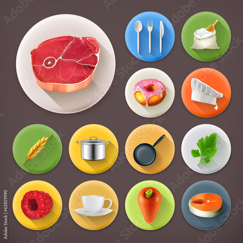 Kitchen and Cooking, long shadow icon set