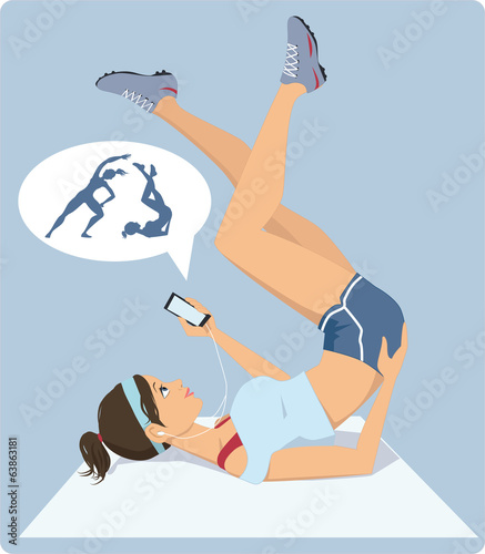 Woman doing yoga following an online trainer on smart phone