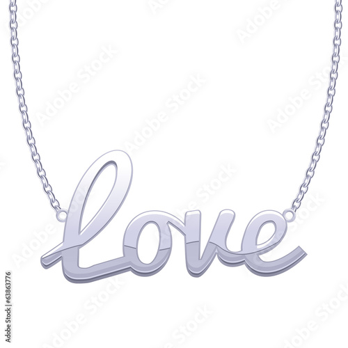 Silver LOVE word pendant on chain.