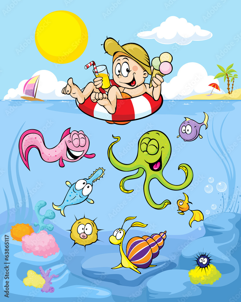 Obraz premium summer well being with funny boy and sea animal