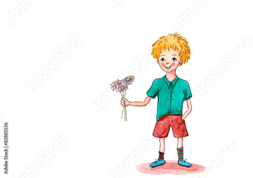 Aquarell kleiner Junge schenkt Blumen ohne Text