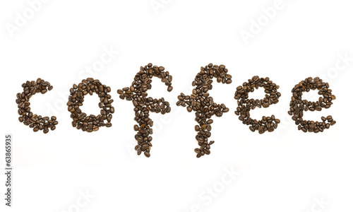 Coffee beans stacked to form the word coffee