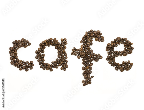 Coffee beans stacked to form the word cafe