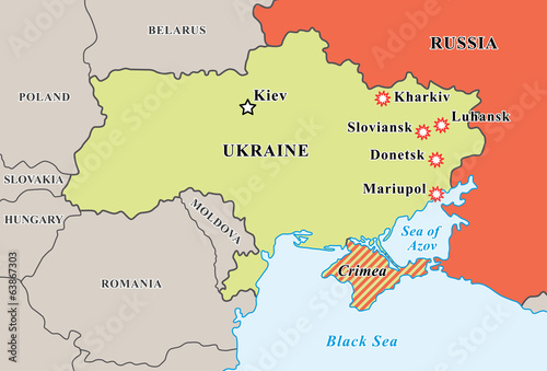 Ukraine crisis map. Pro-russians protests in the eastern cities.