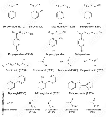 Structural chemical formulas of food and cosmetic preservatives photo