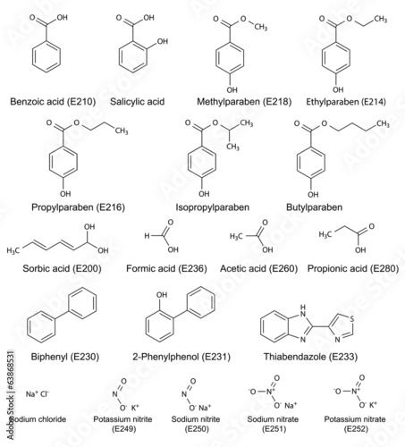 Structural chemical formulas of food and cosmetic preservatives