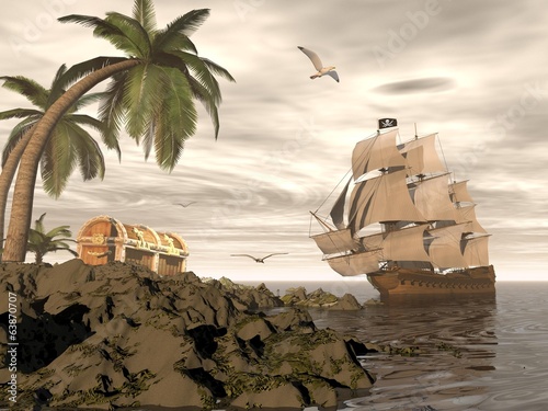 Pirate ship finding treasure - 3D render
